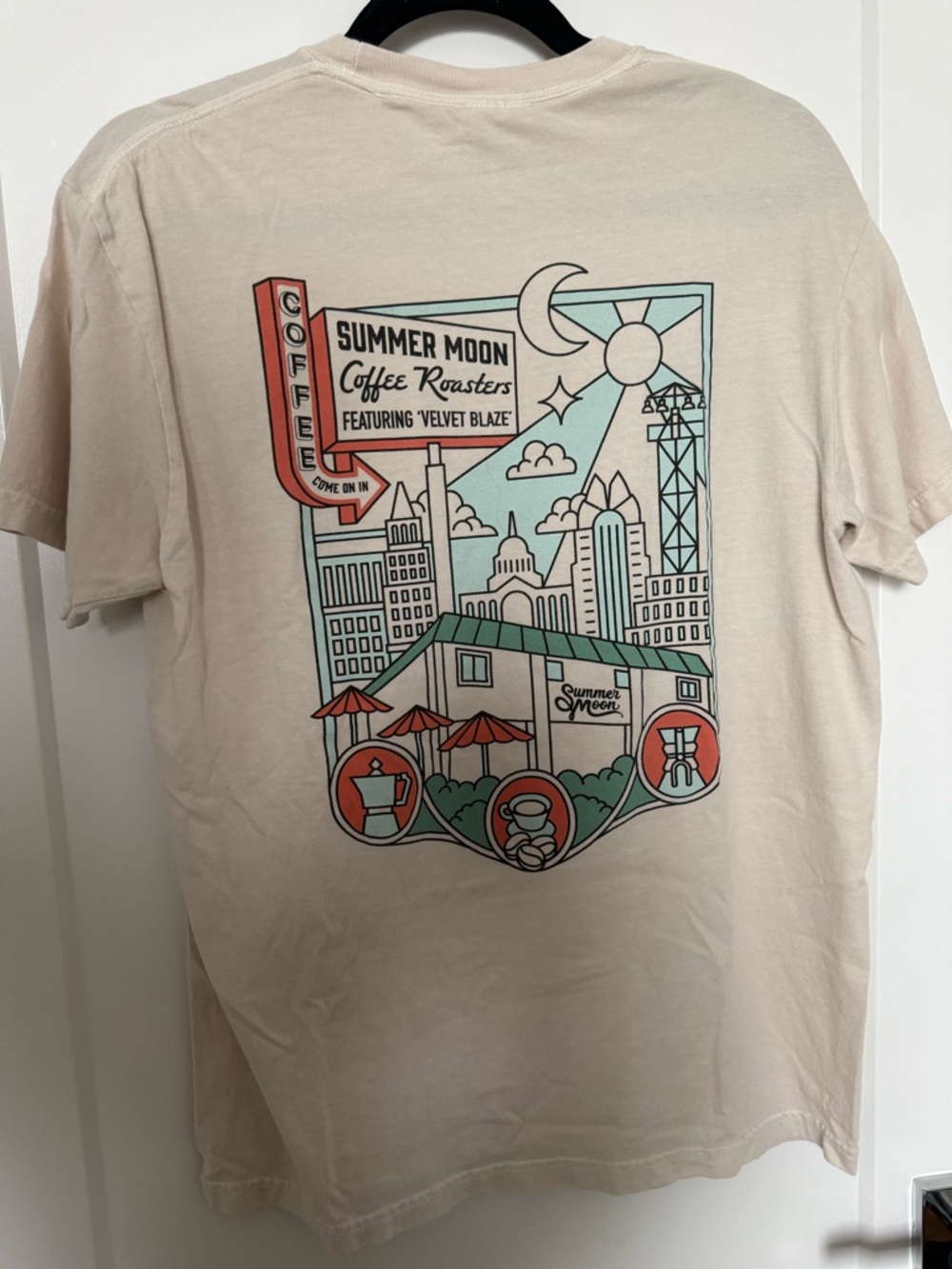 Comfort Colors Beige Tee with Teal & Coral Coffee City Graphic